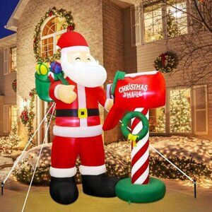 ⚡8FT Christmas Inflatable Santa Presenting Gifts to A Mailbox Outdoor Decoration